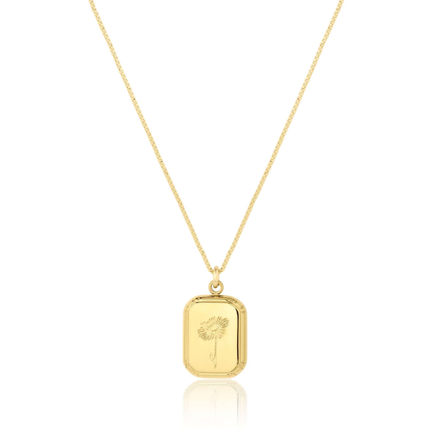 Audrey Birth Flower Necklace – Engraved 18k Gold Over Brass with flower pendant and diamond-cut box chain.
