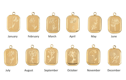 Audrey Birth Flower Necklace – Engraved 18k Gold Over Brass showcasing flower pendants for each month.