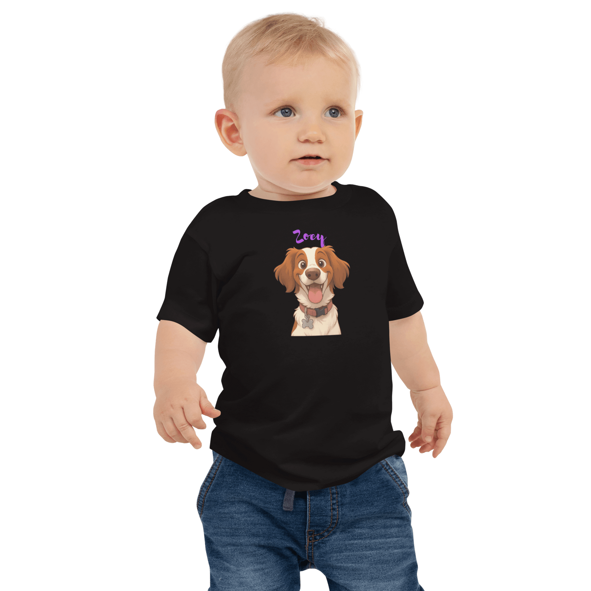 Cute toddler wearing a black baby tee featuring a cartoon of a dog named Zoey.