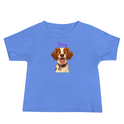 Custom baby tee featuring a cartoon dog named Zoey in a playful Disney-inspired design on a blue shirt.