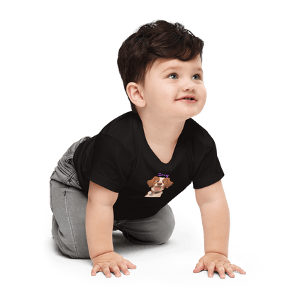 Baby crawling in a custom cartoon pet tee, featuring a dog illustration on a black shirt for personalized charm.