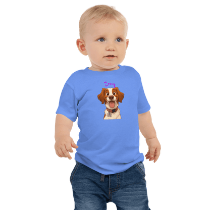 Toddler wearing a blue custom cartoon pet baby shirt featuring a happy dog design and the name Zoey.