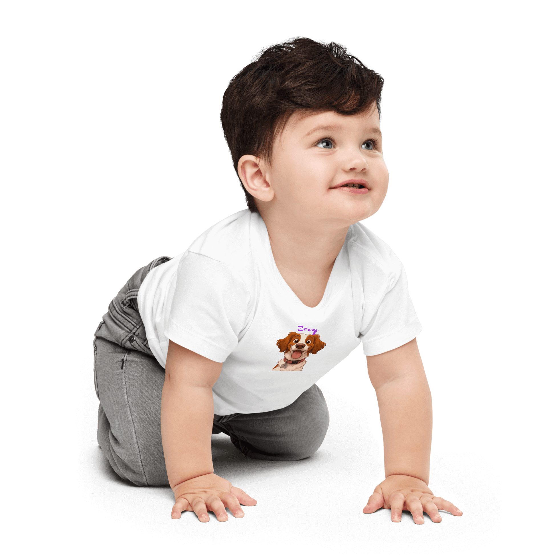 Baby boy crawling in a custom cartoon pet shirt, featuring a cute dog design and personalized pet name.
