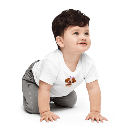 Baby boy crawling in a custom cartoon pet shirt, featuring a cute dog design and personalized pet name.