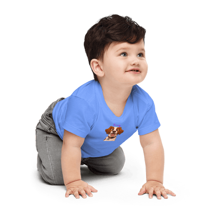 Baby in a blue custom cartoon pet shirt, smiling and crawling, showcasing a unique design with a pet illustration.