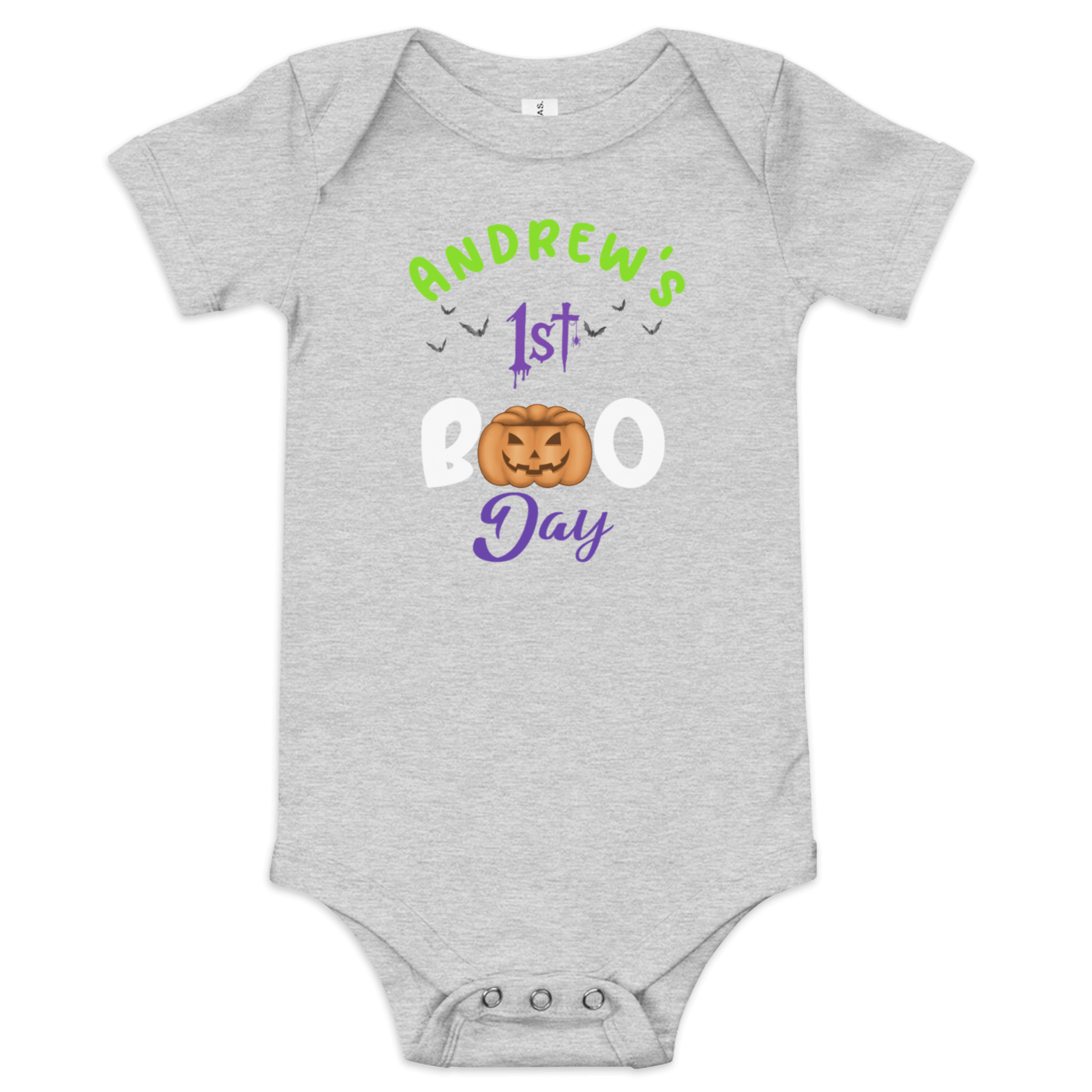 Personalized gray baby bodysuit for 1st Halloween with pumpkin design and custom name option.
