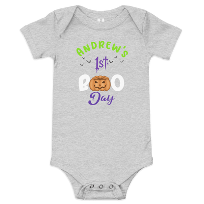 Personalized gray baby bodysuit for 1st Halloween with pumpkin design and custom name option.
