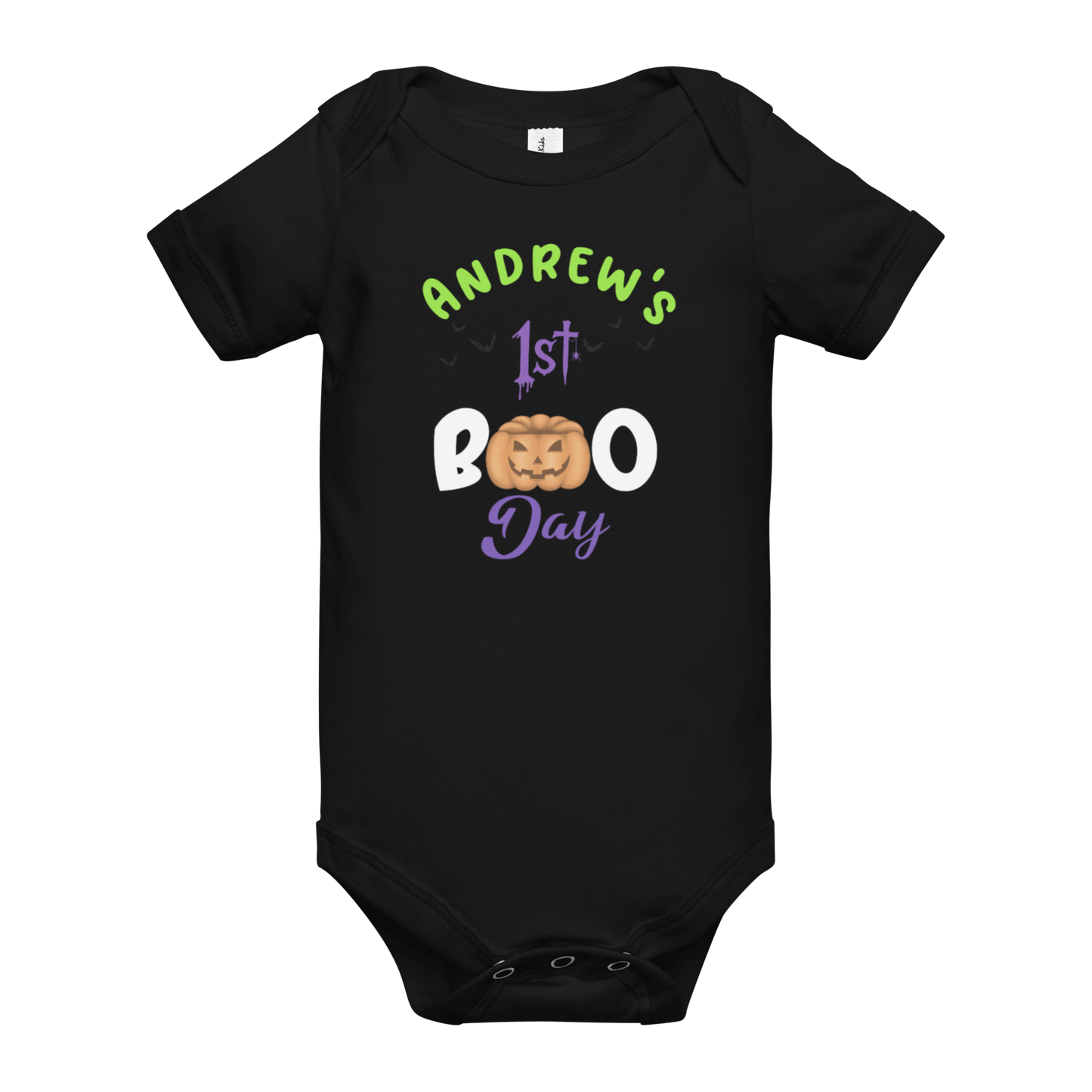 Personalized black baby bodysuit for 1st Halloween with pumpkin design and colorful text.