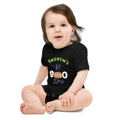 Personalized baby bodysuit featuring 'Andrew's 1st Boo Day' with a playful pumpkin design for Halloween.