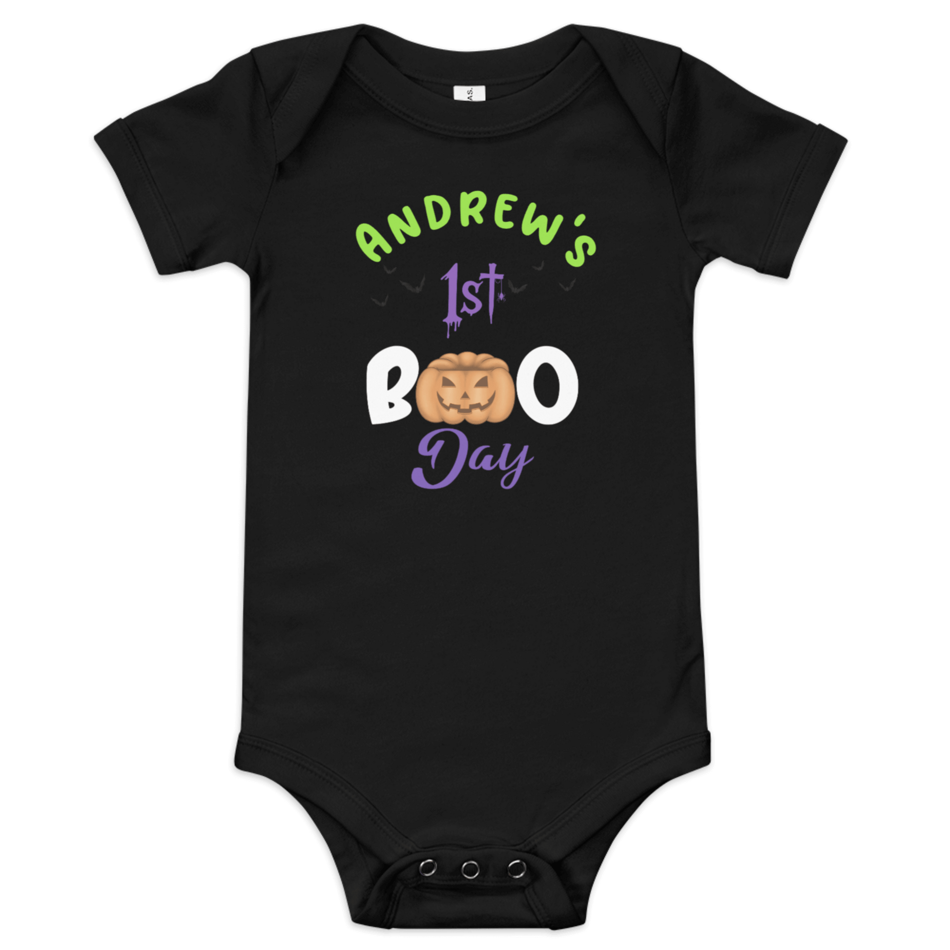 Personalized black baby bodysuit for 1st Halloween, featuring pumpkin graphic and spooky text.