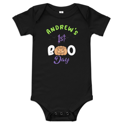 Personalized black baby bodysuit for 1st Halloween, featuring pumpkin graphic and spooky text.