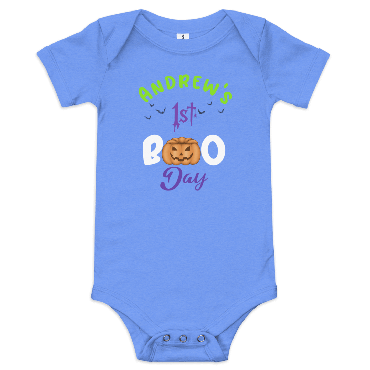 Personalized baby bodysuit in blue with 'Andrew's 1st Boo Day' pumpkin design for Halloween celebrations.