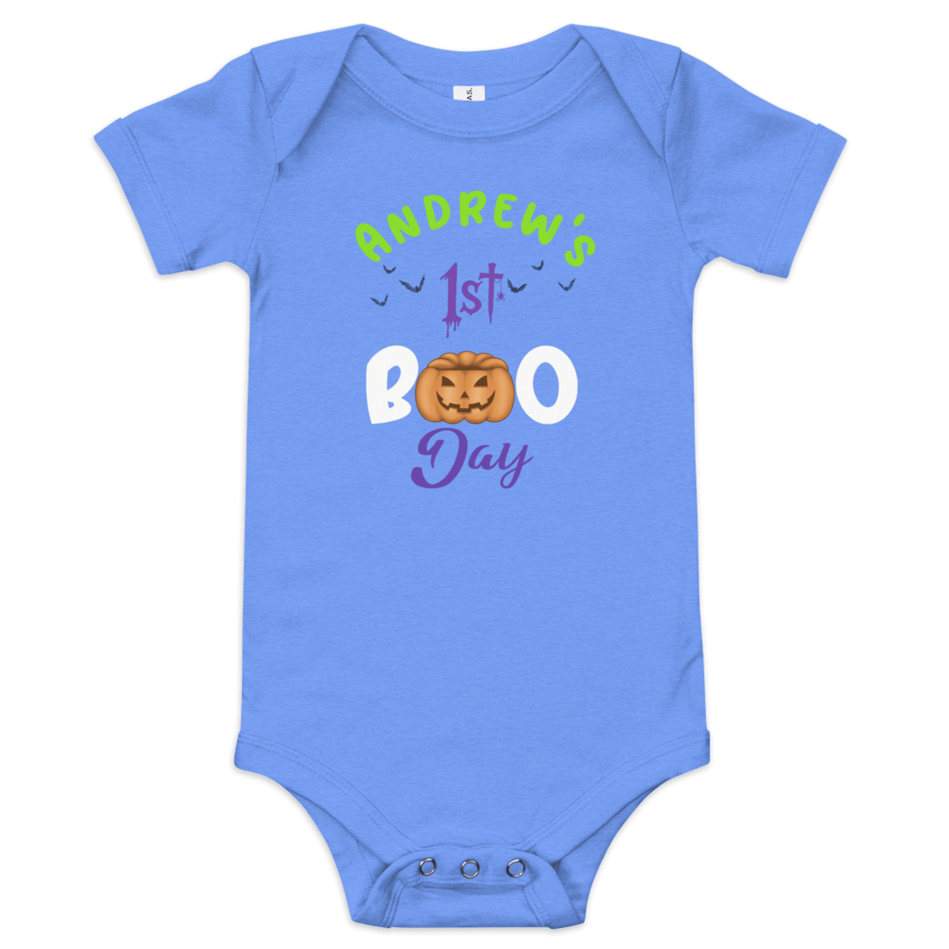 Personalized baby bodysuit in blue with 'Andrew's 1st Boo Day' pumpkin design for Halloween celebrations.