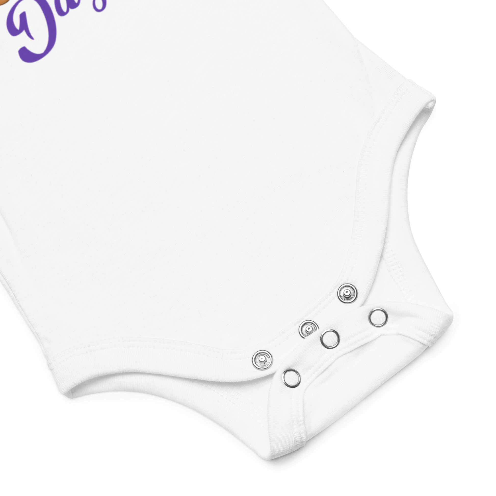 Close-up of personalized baby Halloween bodysuit in white with colorful spooky text and snap buttons.