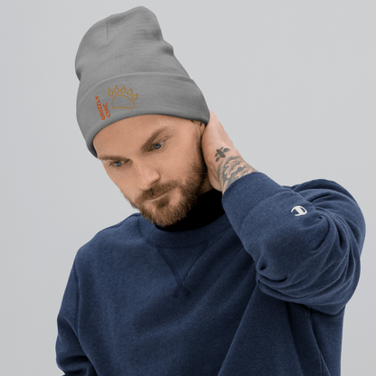 Bear Beanie – Embroidered Knit Hat with Custom Text worn by a man in gray with bear paw design.