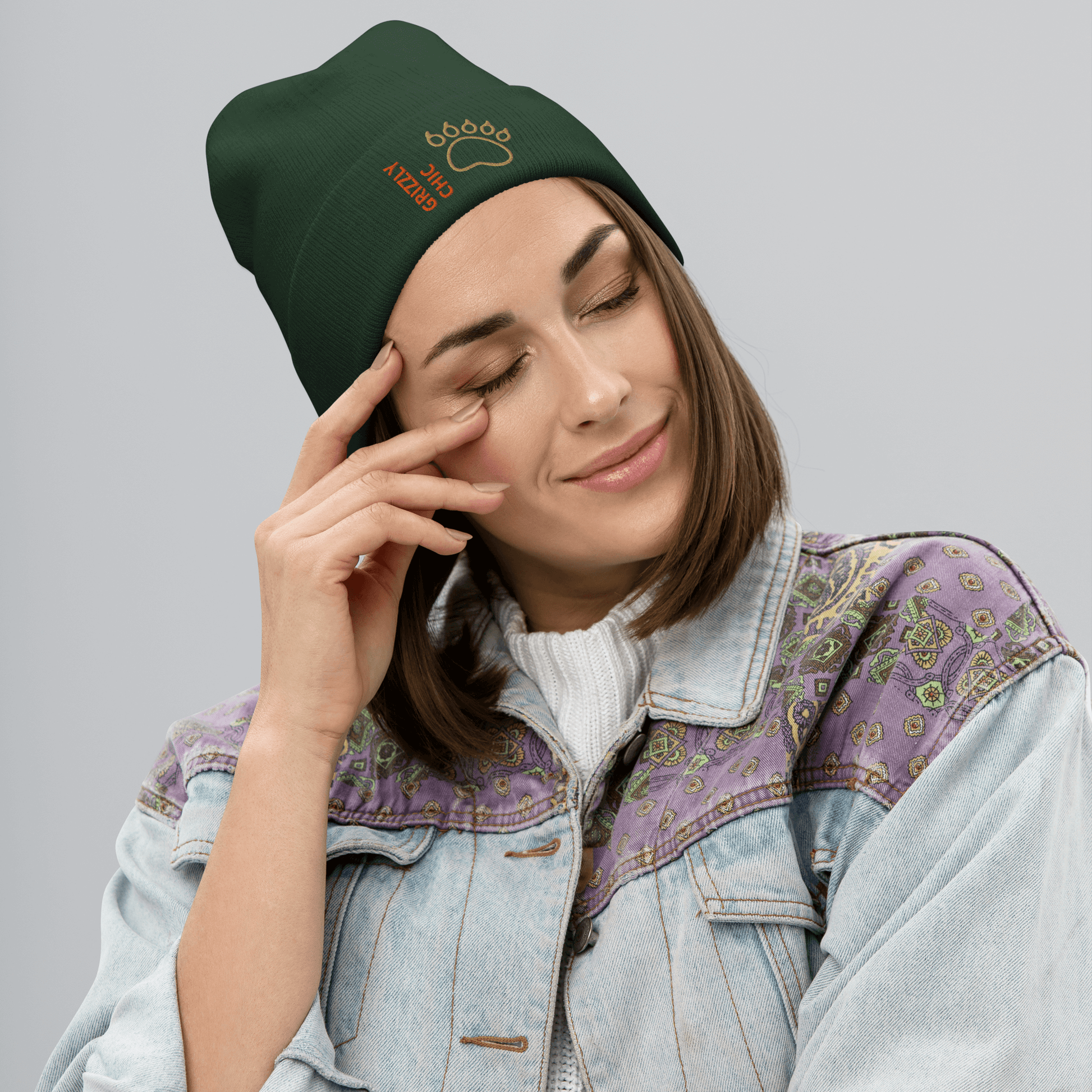 Bear Beanie – Embroidered Knit Hat with Custom Text worn by a woman with a stylish smile.
