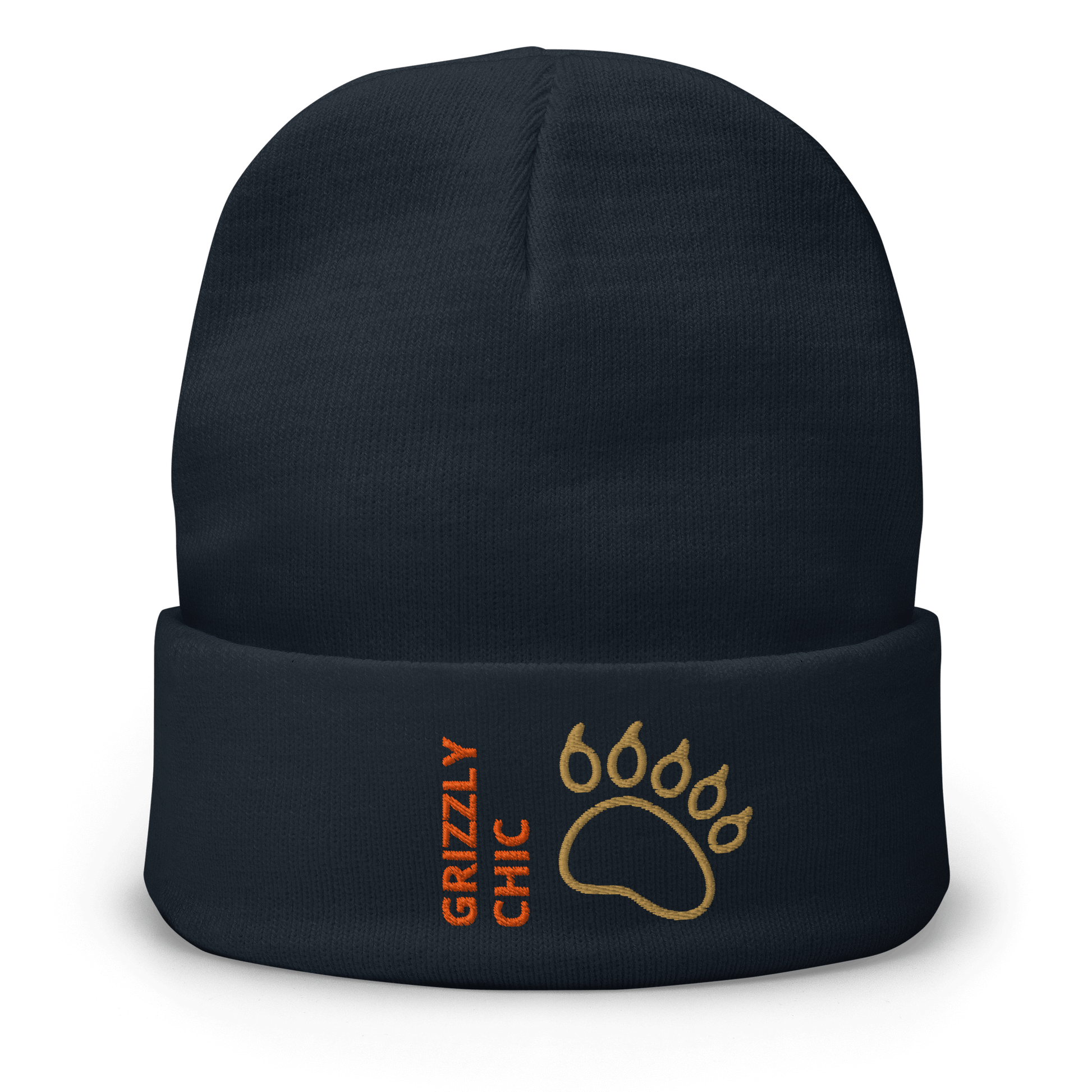 Bear Beanie – Embroidered Knit Hat with Custom Text featuring a Grizzly Chic design and bear paw.