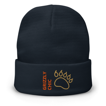 Bear Beanie – Embroidered Knit Hat with Custom Text featuring a Grizzly Chic design and bear paw.