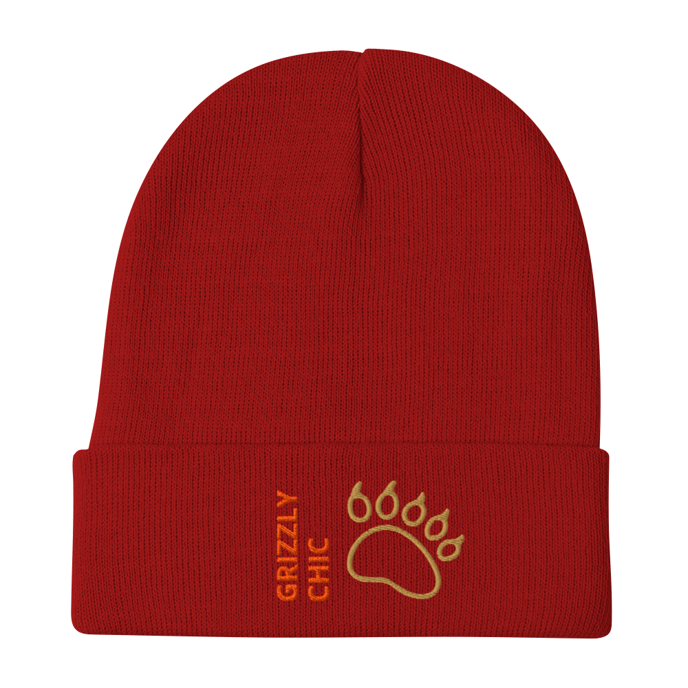 Bear Beanie – Embroidered Knit Hat with Custom Text, featuring a bear paw design and cozy red knit fabric.