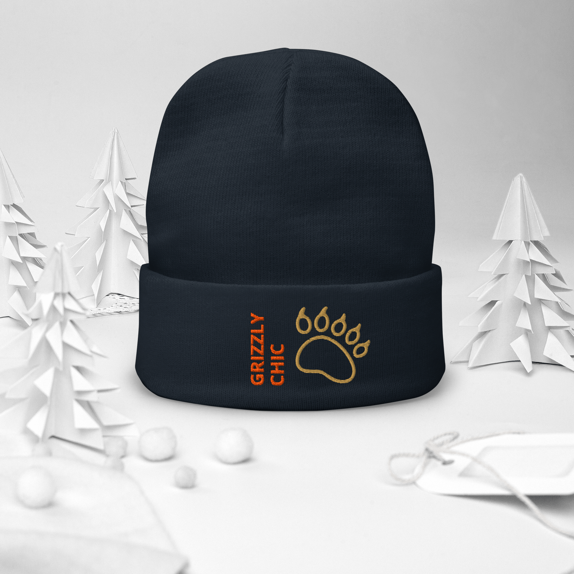 Bear Beanie – Embroidered Knit Hat with Custom Text featuring a grizzly paw design.