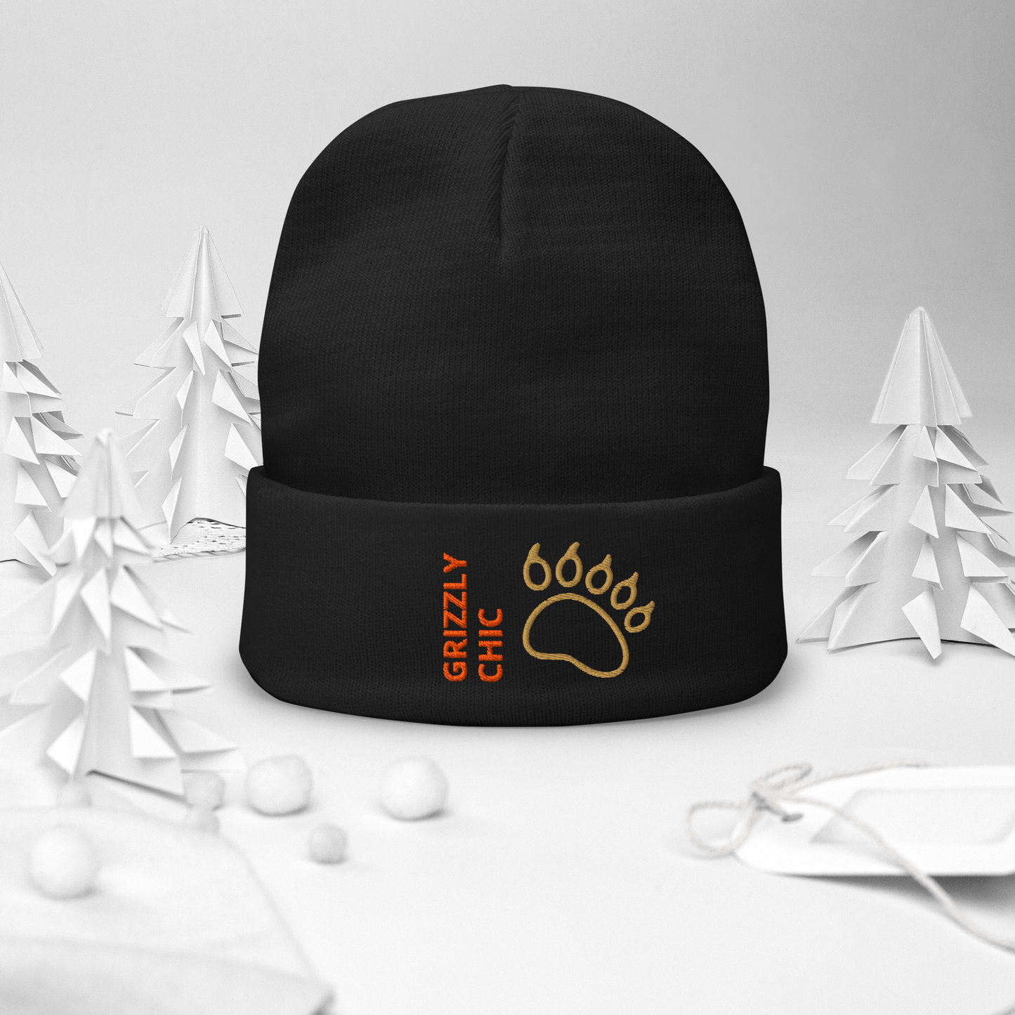 Bear Beanie – Embroidered Knit Hat with Custom Text featuring Grizzly Chic design and bear paw.