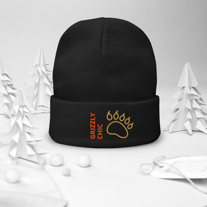 Bear Beanie – Embroidered Knit Hat with Custom Text featuring Grizzly Chic design and bear paw.