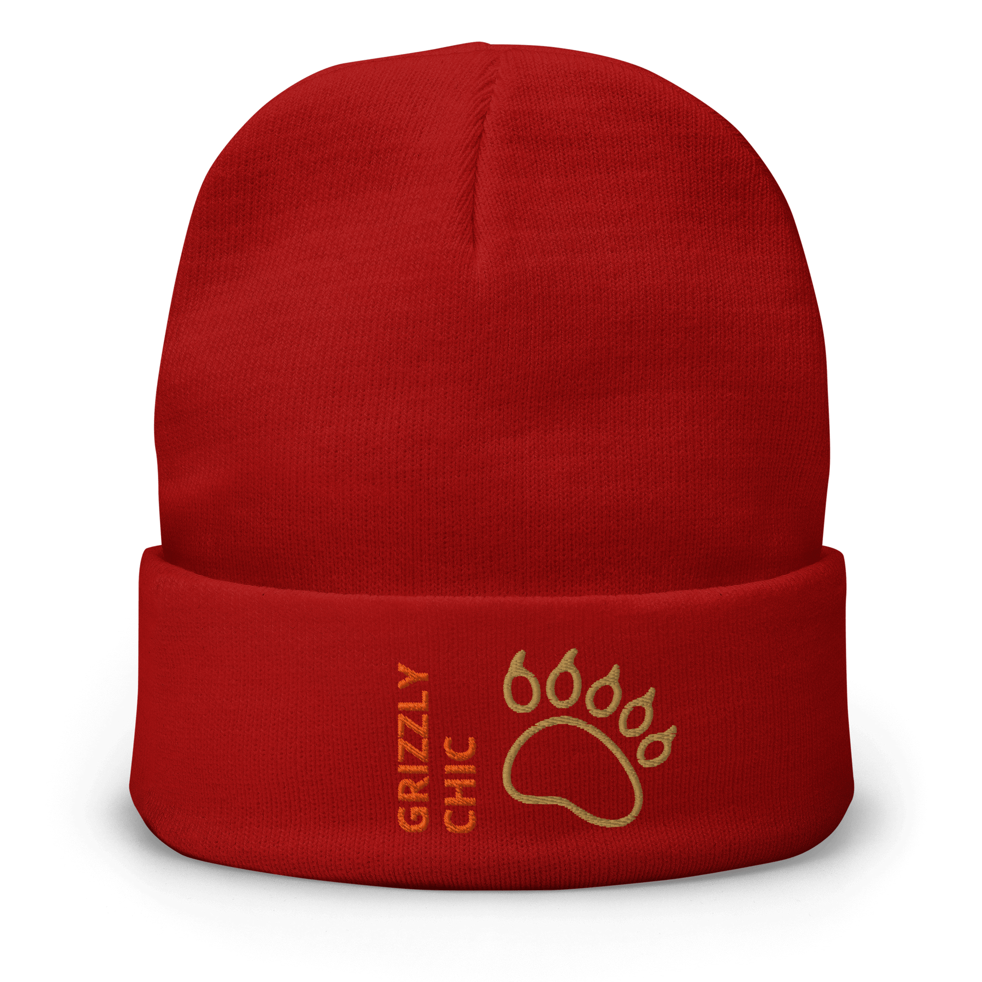 Bear Beanie – Embroidered Knit Hat with Custom Text, featuring a bold bear paw and stylish Grizzly Chic design.