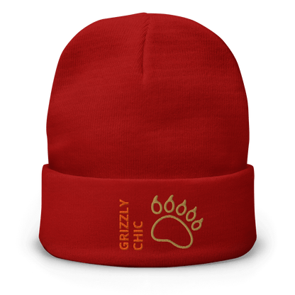 Bear Beanie – Embroidered Knit Hat with Custom Text, featuring a bold bear paw and stylish Grizzly Chic design.