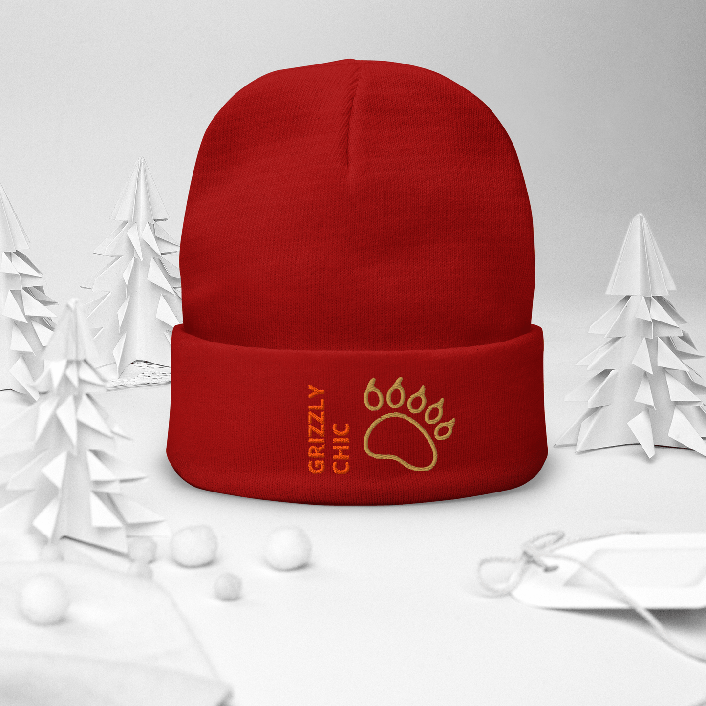Bear Beanie – Embroidered Knit Hat with Custom Text in red with bear paw design.