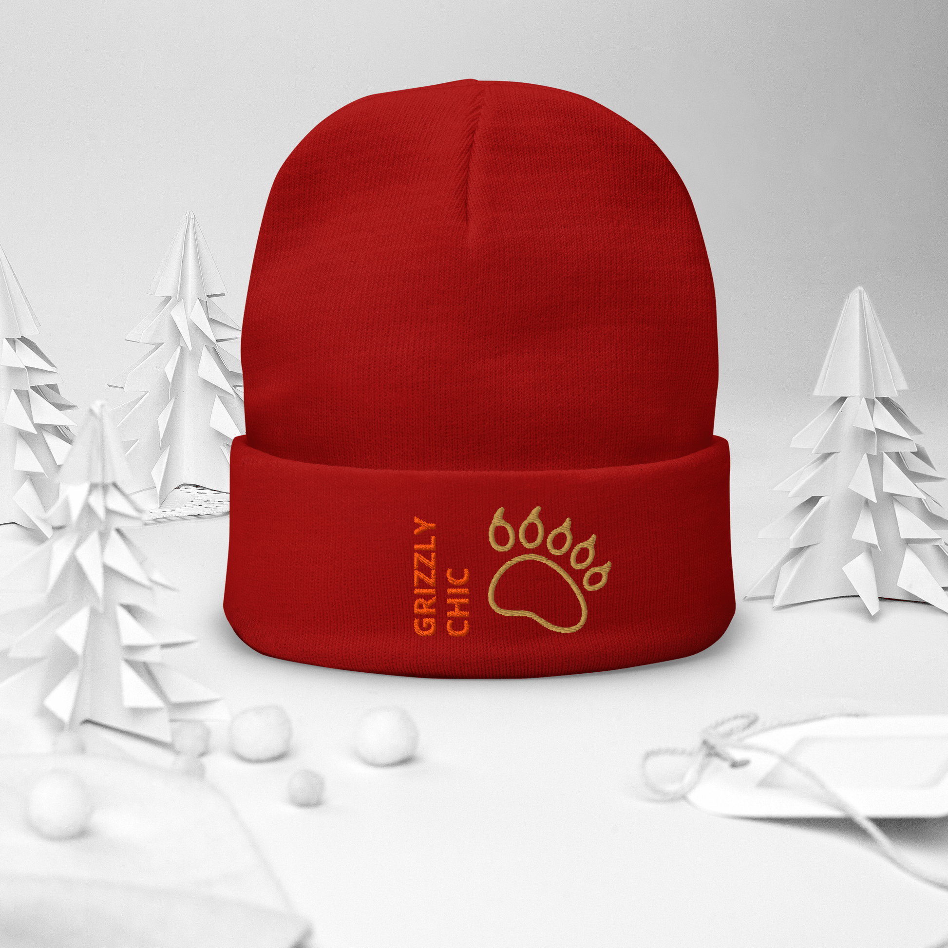 Bear Beanie – Embroidered Knit Hat with Custom Text in red with bear paw design.