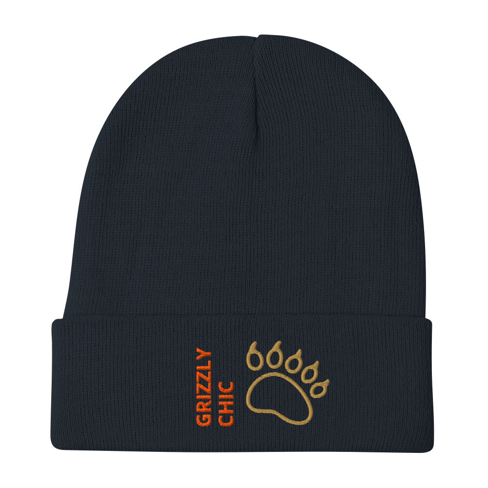 Bear Beanie – Embroidered Knit Hat with Custom Text featuring a bear paw design and Grizzly Chic lettering.