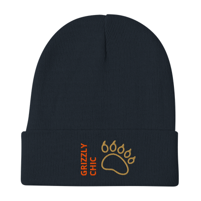 Bear Beanie – Embroidered Knit Hat with Custom Text featuring a bear paw design and Grizzly Chic lettering.