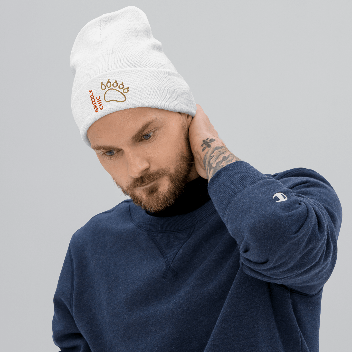 Bear Beanie – Embroidered Knit Hat with Custom Text worn by a man in a stylish outfit.