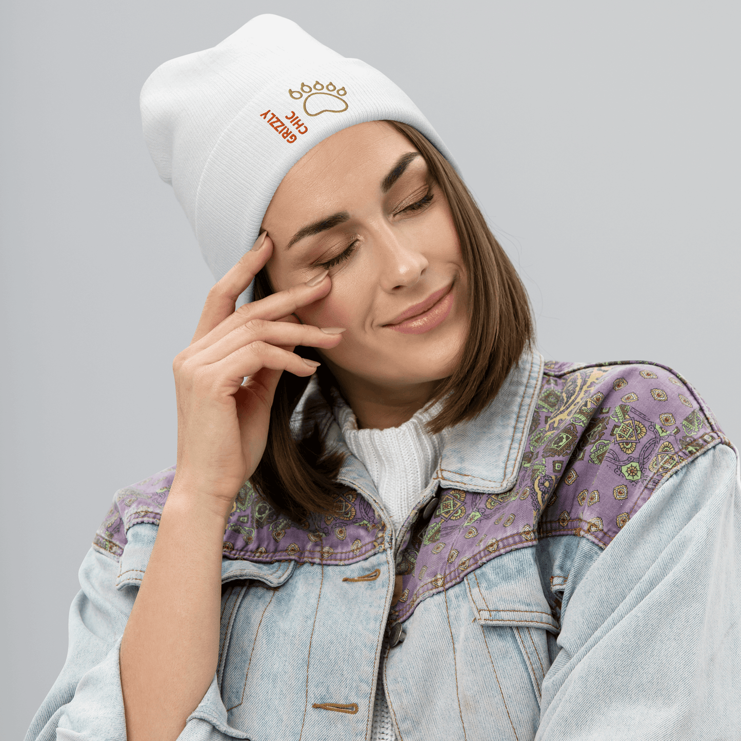 Bear Beanie – Embroidered Knit Hat with Custom Text worn by a smiling woman with a stylish jacket.