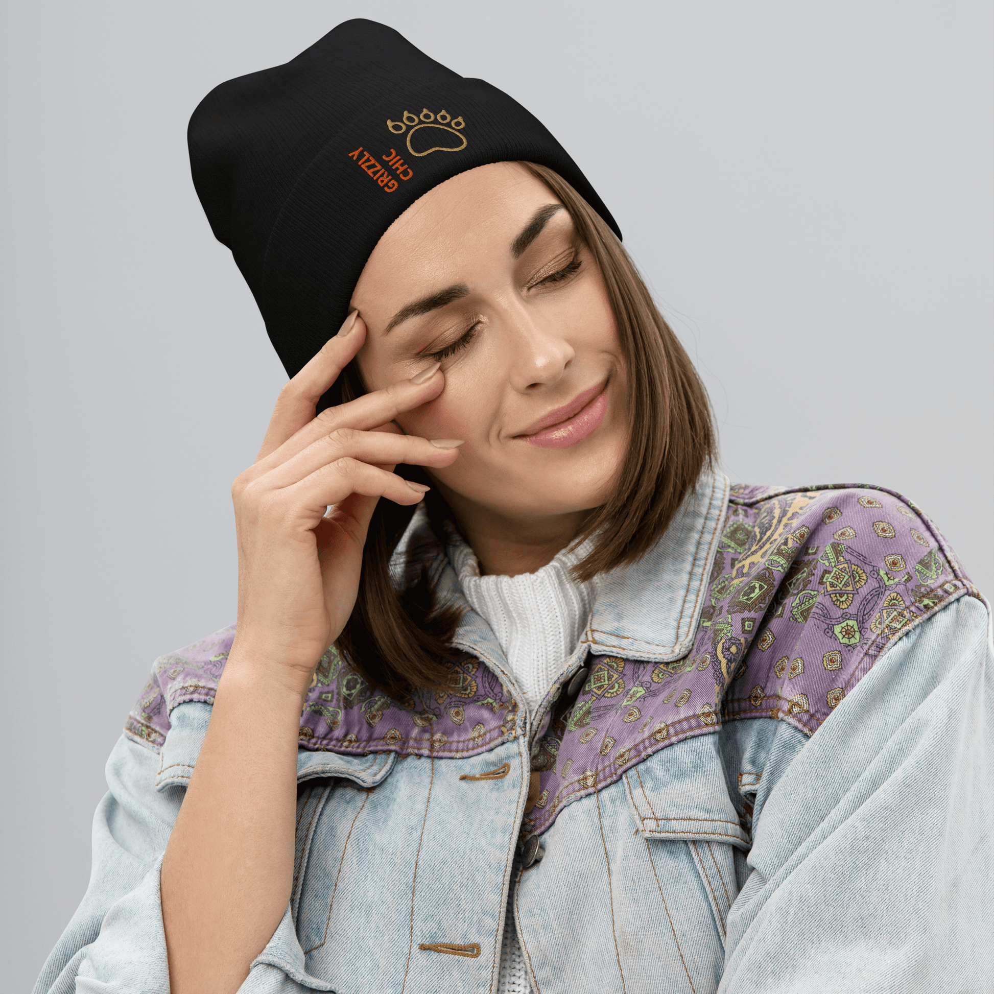 Bear Beanie – Embroidered Knit Hat with Custom Text worn by a smiling woman, showcasing cozy style and bear paw design.