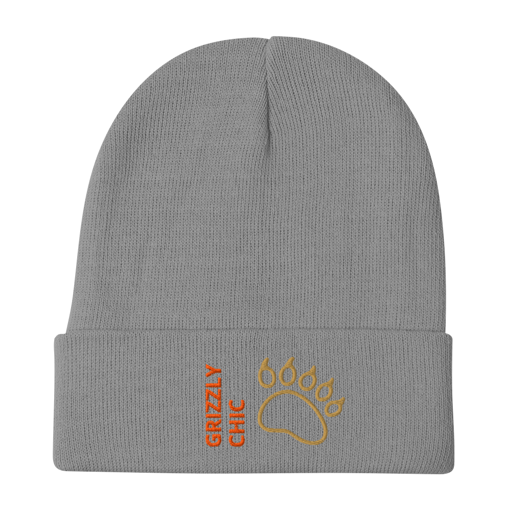 Bear Beanie – Embroidered Knit Hat with Custom Text featuring a bear paw design on a gray knit fabric.