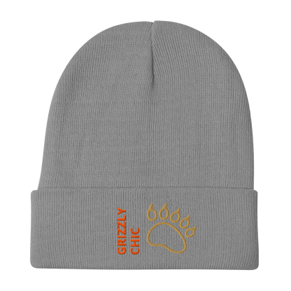 Bear Beanie – Embroidered Knit Hat with Custom Text featuring a bear paw design on a gray knit fabric.