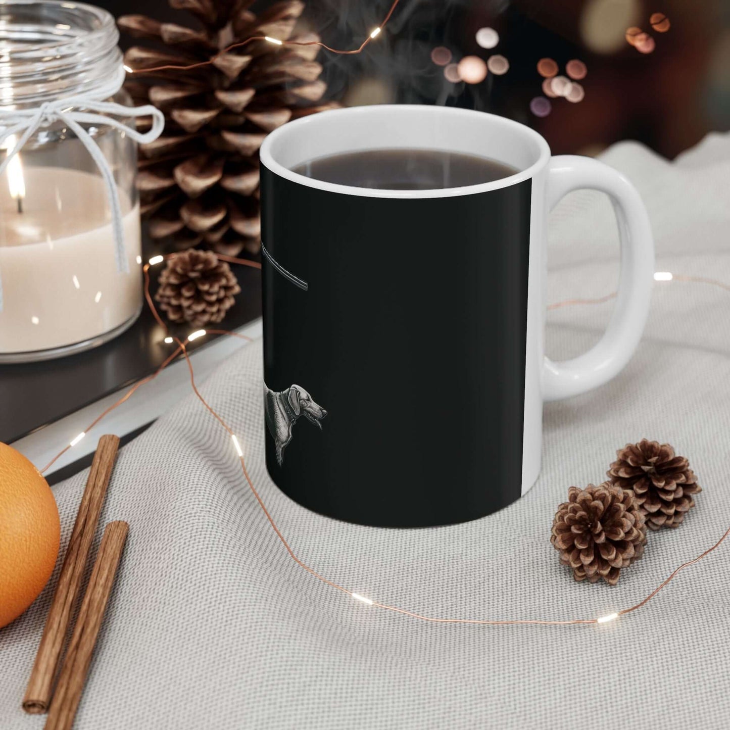 Personalized black hunting mug featuring a rugged design, perfect for coffee lovers and outdoor enthusiasts.