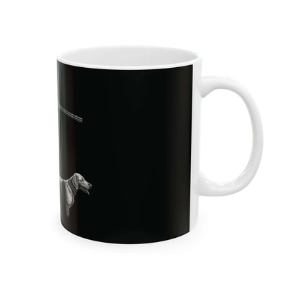 Personalized black ceramic mug featuring a hunting design and a dog, ideal for outdoor enthusiasts.