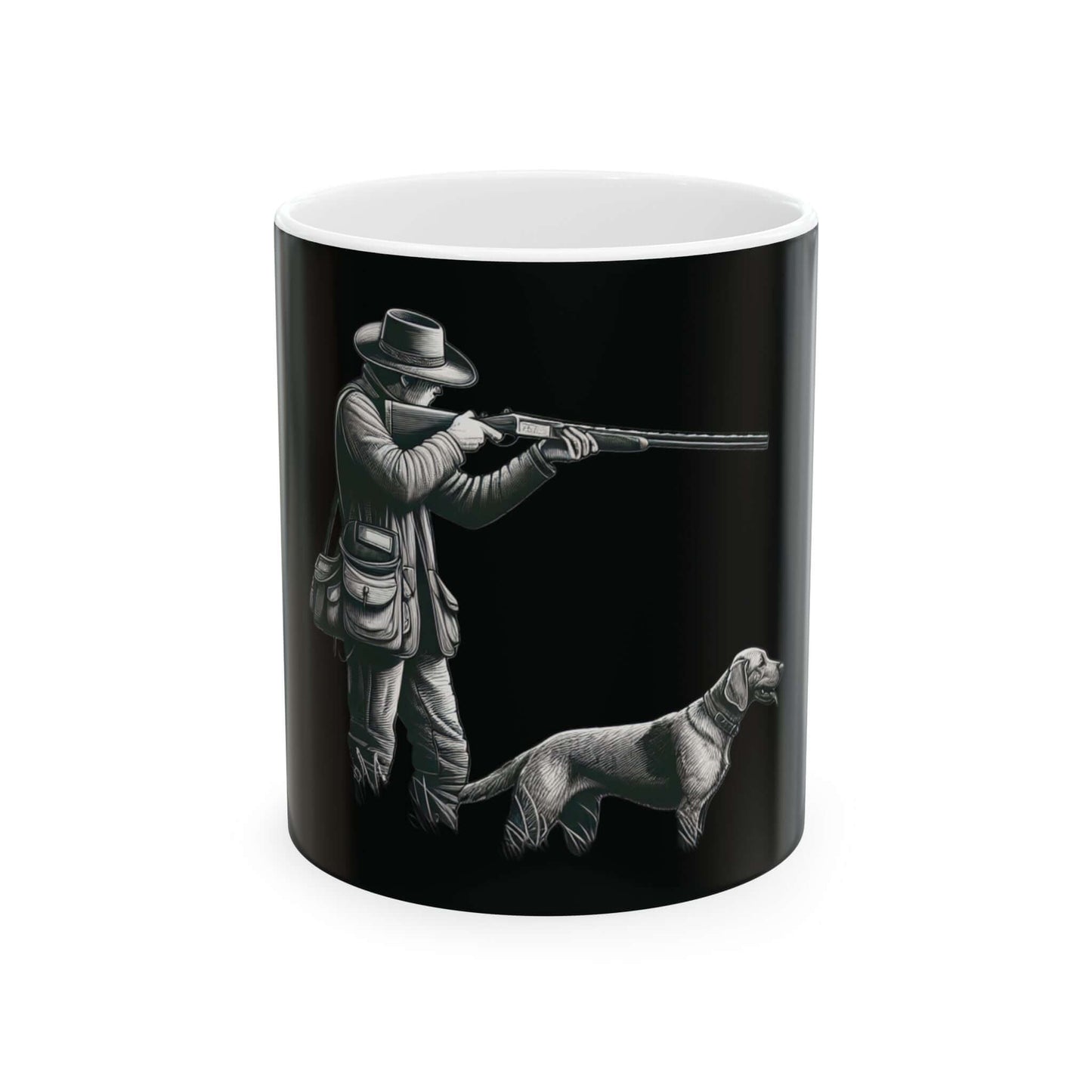 Personalized black hunting mug featuring a hunter and dog design, perfect for outdoor enthusiasts.