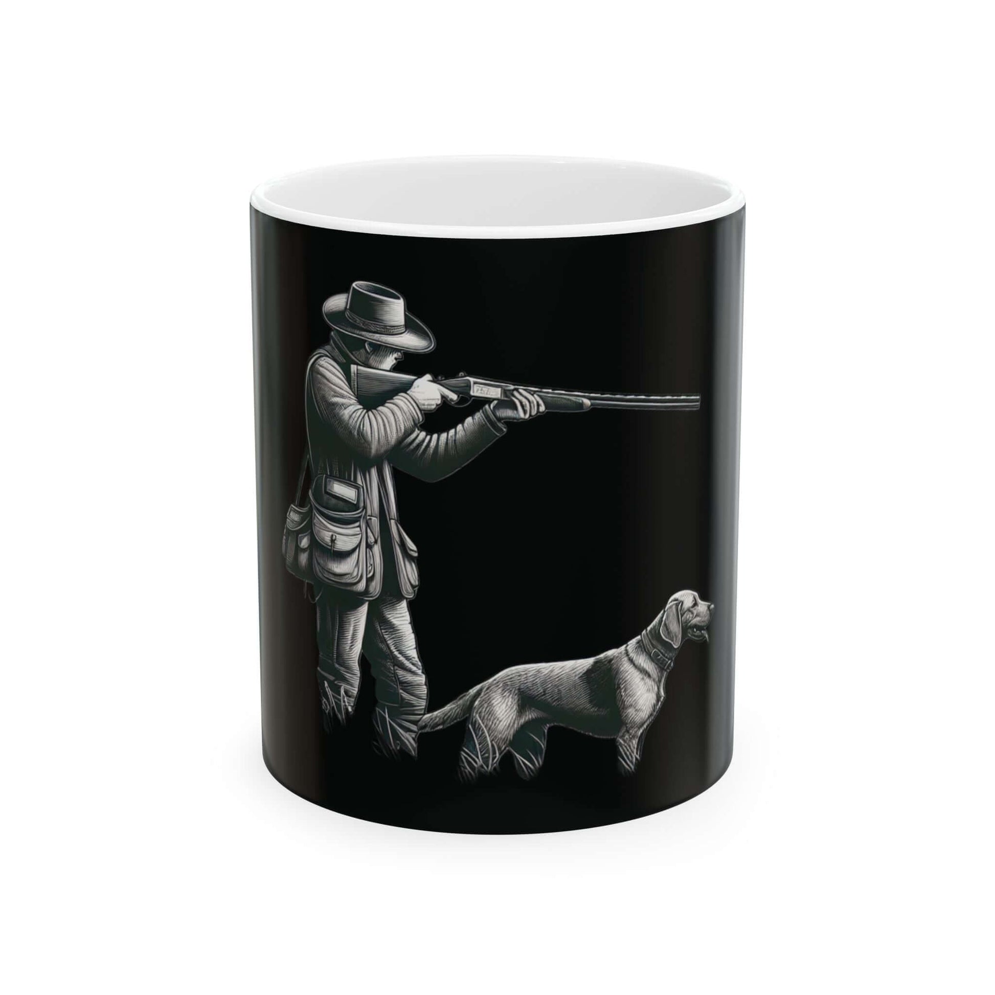 Personalized black hunting mug featuring a hunter and dog design, perfect for outdoor enthusiasts.