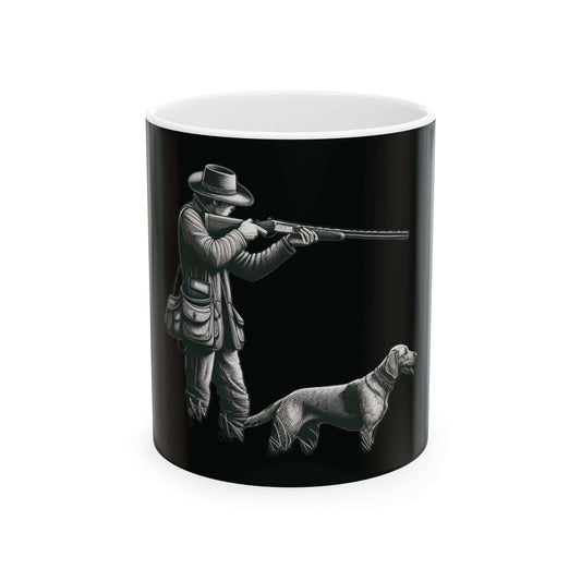 Personalized black hunting mug featuring a hunter and dog design, perfect for outdoor enthusiasts.