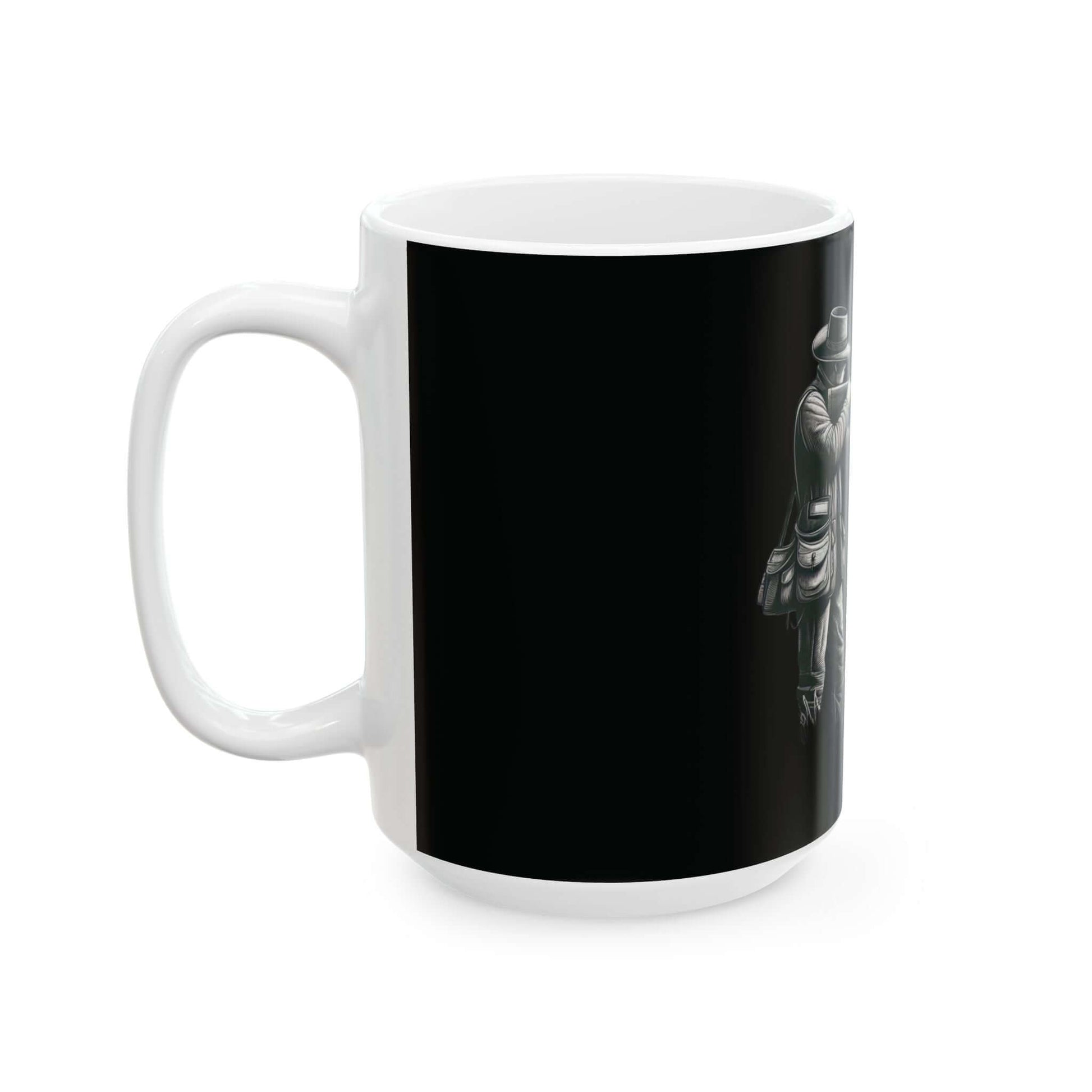 Personalized black hunting mug featuring a stylish design for coffee lovers and outdoor enthusiasts.