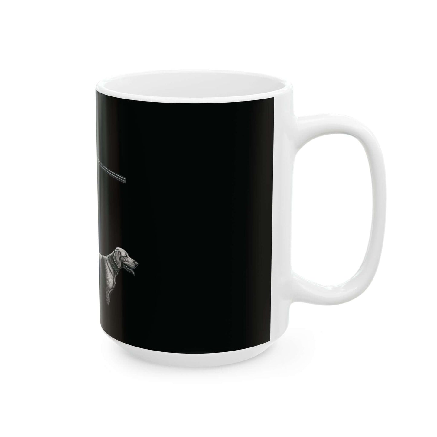 Personalized black hunting mug featuring a stylish dog design, perfect for outdoor enthusiasts and coffee lovers.