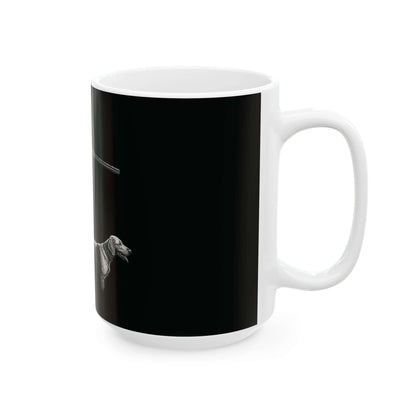 Personalized black hunting mug featuring a stylish dog design, perfect for outdoor enthusiasts and coffee lovers.