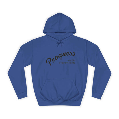 Custom College Hoodie – Add Your Photos, Text & Emojis Your Way in blue with 'Progress Over Perfection' text.