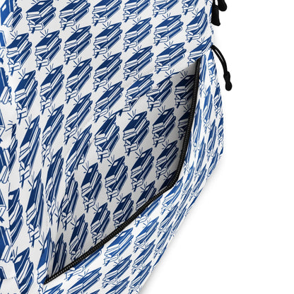The Bookish Backpack featuring a bold blue geometric book pattern, designed for style and functionality.