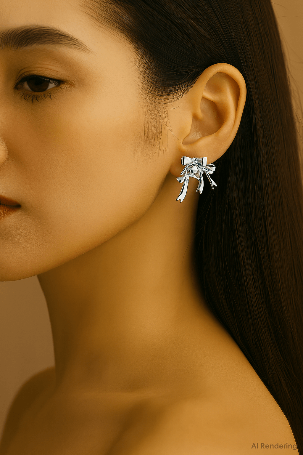 Bow Drop Earrings – Delicate Statement Studs with Crystal Sparkle worn by a model, showcasing elegant design and zirconia accents.