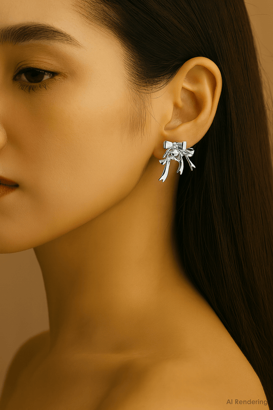 Bow Drop Earrings – Delicate Statement Studs with Crystal Sparkle worn by a model, showcasing elegant design and zirconia accents.