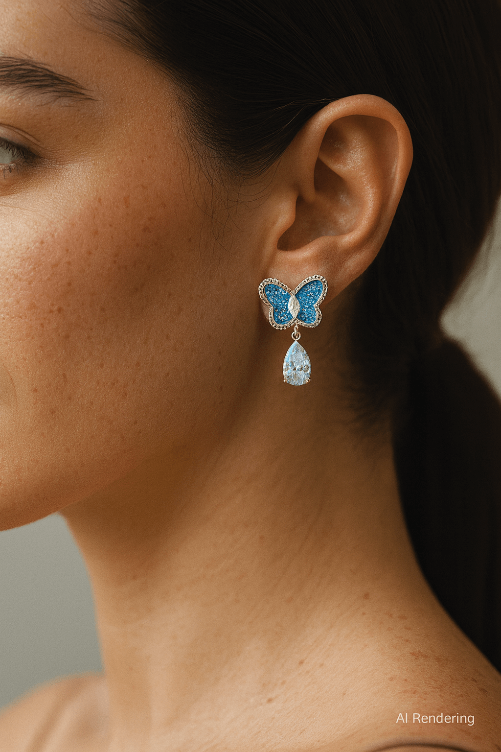 Butterfly Drop Earrings – Crystal Details for Dreamy Statement Style worn by model showcasing elegant design.